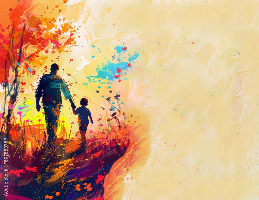 Fathers Day. Card with cute watercolor illustration of dad with son holding hands and walking together, modern typography, holiday wishes. Father's Day templates for poster with copy space Fathers Day. Card with cute watercolor illustration of dad with son holding hands and walking together, modern typography, holiday wishes. Father's Day templates for poster with copy space
