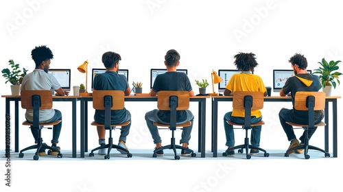 Many programmers are sitting and typing code into a computer screen. photo