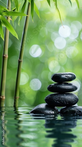 Photo of black stones stacked on top of each other with bamboo leaves in the background