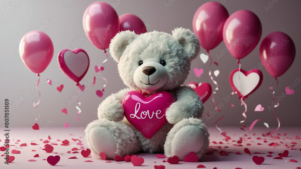 Lovely white teddy bear with beautiful pink roses on pink background
