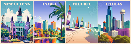 Set of USA Travel Destination Posters in retro style. New Orlean, Tampa, Florida, Dallas digital prints. Summer vacation, holidays concept. Vintage vector illustrations.	 photo