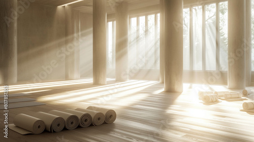 Serene Yoga Haven  Mats Rolled in a Sunlit Studio