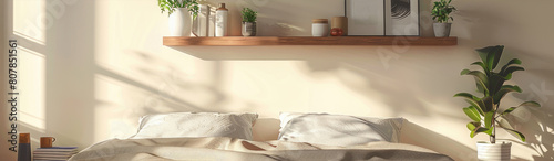 bedroom interior in beige and sun rays with a wooden shelf above the bed