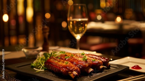 A plate of Chinese BBQ ribs, succulent vegetables, and a glass of wine arranged on a table