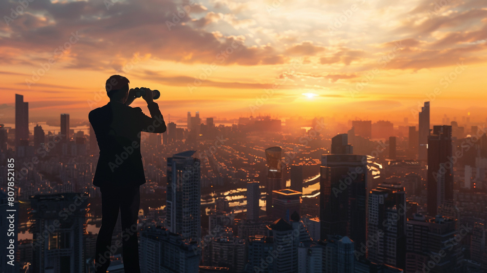 Fototapeta premium Silhouette of a Businessman Gazing at City Skyline Through Binoculars