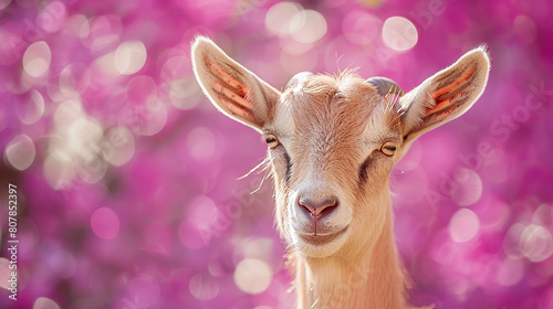 Eid ul Adha concept, A cute goat against a stunning purple background with bokeh effect lights. Eid celebration photo