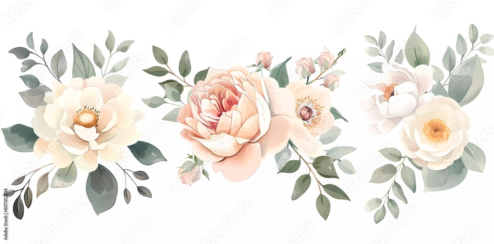 Blush pink roses and sage greenery, ivory peony, magnolia, cream dahlia, ranunculus flowers, eucalyptus vector collection. Floral pastel watercolor wedding set.