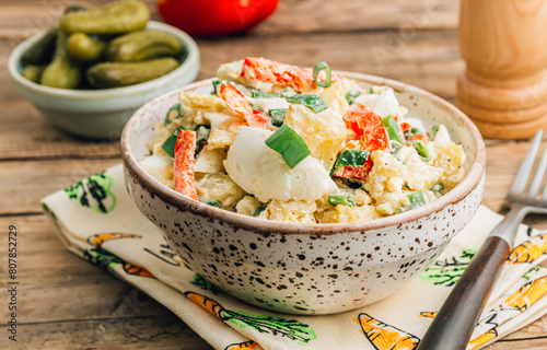 American Potato Salad in a bowl on wooden table