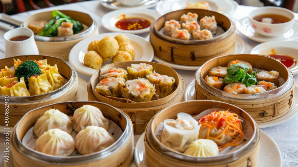 A diverse assortment of vibrant Chinese Dim Sum dishes laid out on a lavish table