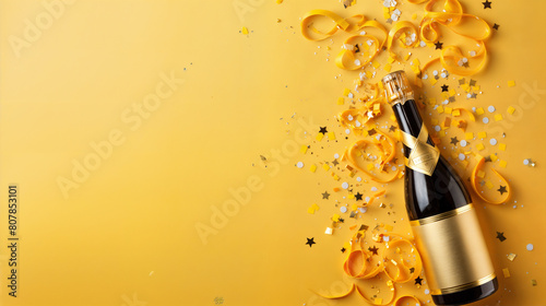 Celebration background with golden champagne bottle, confetti stars and party streamers on yellow background. silvester, birthday or wedding concept