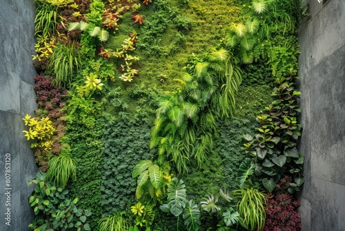 A vibrant green wall adorned with a plethora of lush plants, providing a mesmerizing and natural display of beauty and life