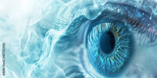 Close-up of a human eye with detailed iris patterns in a surreal blue abstract design, surrounded by wispy smoke and light effects photo