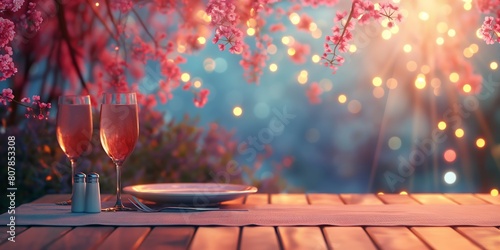 Romantic dinner setup on a wooden table with two glasses of rosé, salt and pepper shakers under a canopy of pink blossoms photo