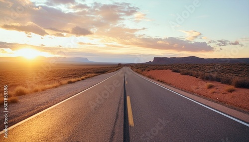american long quiet open road visible for miles first person view at sunset no traffic photo