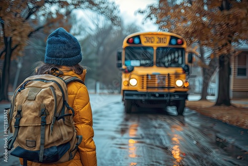 A young girl wearing a blue hat and a yellow jacket stands in front of a yellow school bus