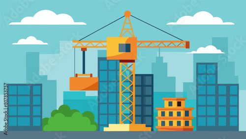 The assembled crane stands tall and proud ready to aid in the construction of the new building and serve as an integral part of the construction site.. Vector illustration