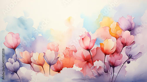 Spring flowers tulips in white clouds, watercolor greeting card background #807853759