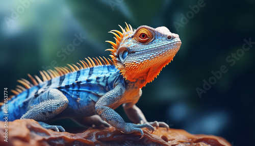 Blue-orange chameleon on a branch