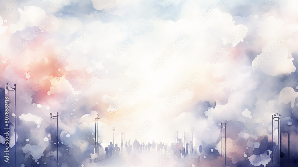 Abstract image in blue and white colors of people walking down the street, hazy background postcard in watercolor style with copy space Abstract image in blue and white colors of people walking down the street, hazy background postcard in watercolor style with copy space