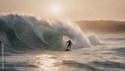 big ocean wave and surfer at sunset, isolated white background
 photo