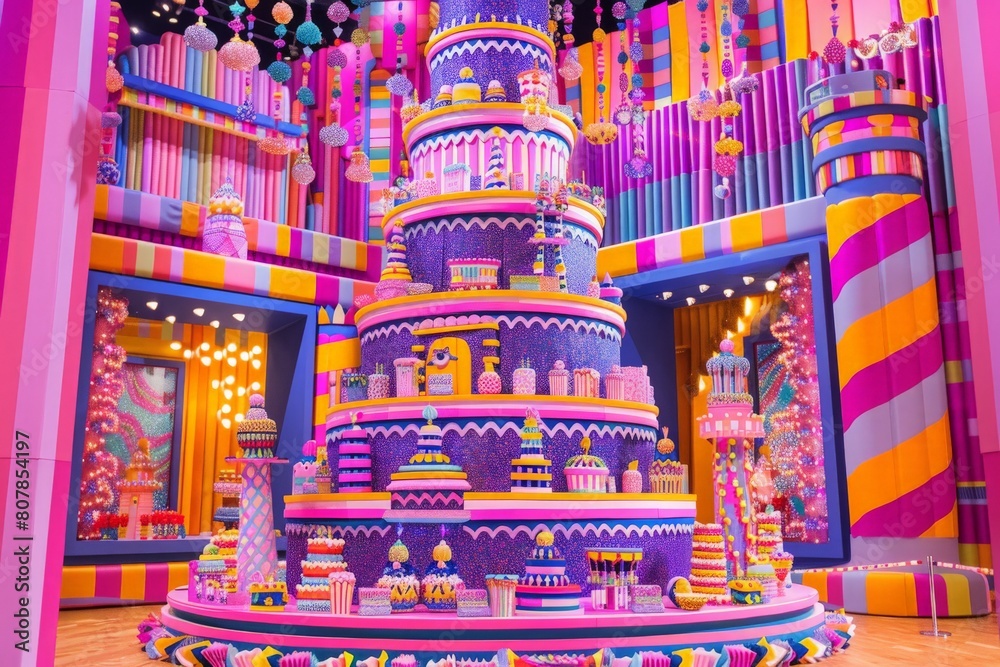 A brightly colored cake sits in a brightly lit room, radiating joyful energy and celebration. Layers of frosting, vibrant hues, and festive decorations create a lively atmosphere.