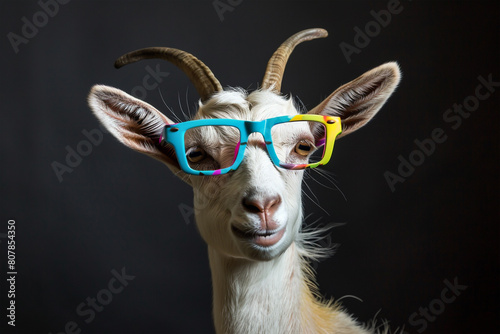 Eid ul Adha concept, A beautiful, cute goat wearing colorful glasses against a sleek black background. Eid celebration
