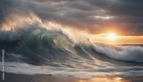 big ocean wave at sunset, isolated white background 
 photo