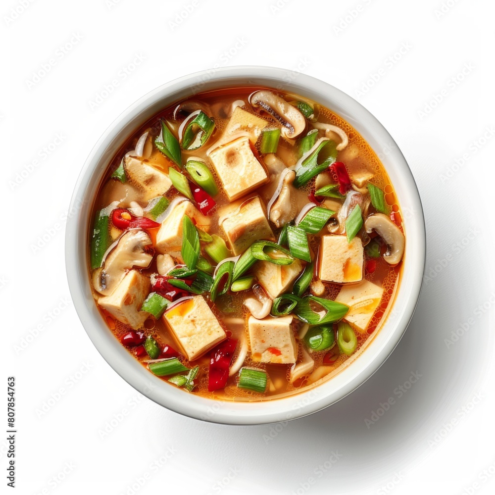 A bowl of hot and sour soup filled with tofu and mushrooms A bowl of hot and sour soup filled with tofu and mushrooms