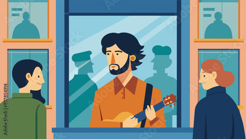 A stunning watercolor portrait of a local musician adorns the window display catching the eye of passersby.. Vector illustration