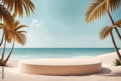Summer tropical background  Podium on sand beach on sea background  Mock up. AI Generative