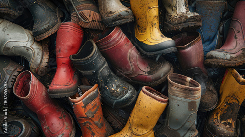 A pile of dirty boots, some of which are red and yellow. The boots are all different sizes and styles