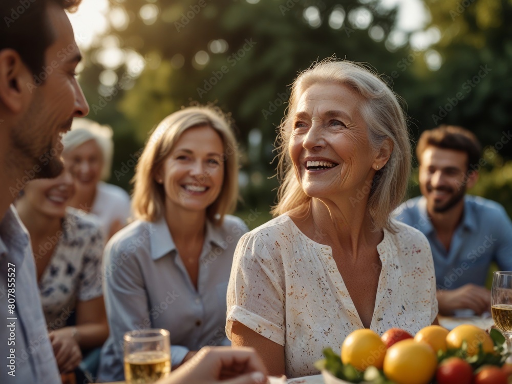 Senior woman with friends on outdoor summer garden party, Celebrating birthday..