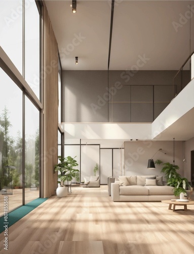 in a modern style  showcasing a modern design  only carpet and wood floor  and ceiling lamp. There should only be a coffee table  only one plant. A big room with a diagonal perspective