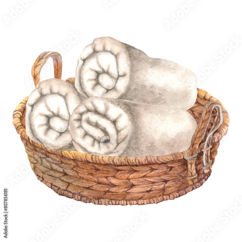 Neatly folded terry towels in wicker basket. Hand drawn watercolor illustration on isolated background. Cotton spa towel for bath, sauna, beach. Used for the design of brochures for sanatoriums, spa.