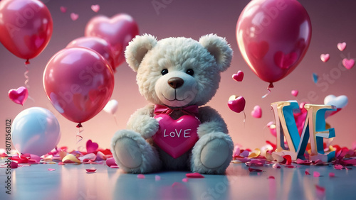 Lovely white teddy bear with beautiful pink roses on pink background 