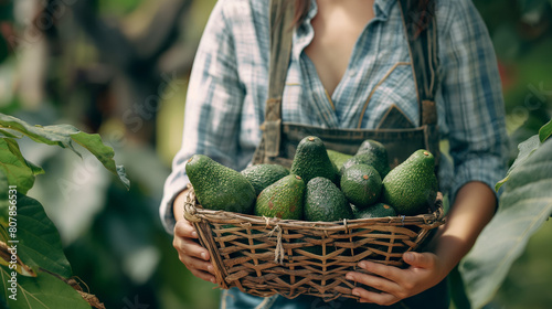 Close up of local farmer woman holding basket full of avocado grower