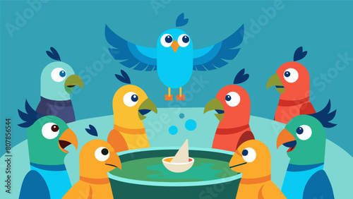 A group of propaganda parrots gathered around a water bowl discussing tactics for how to spread their agenda more effectively..