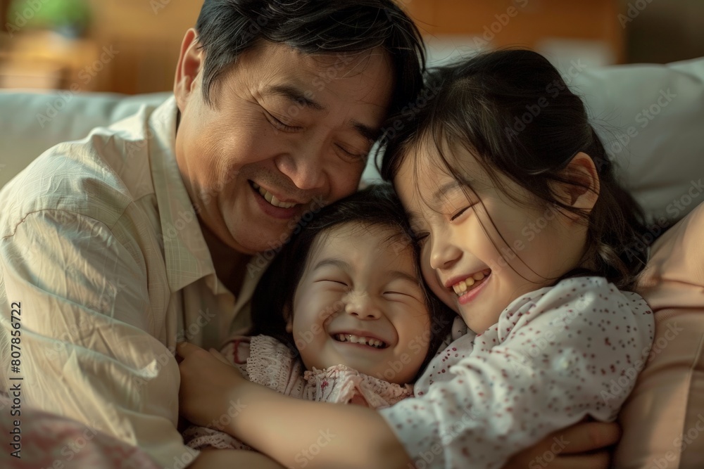 people and family concept - happy smiling girl with mother hugging on sofa at home. Beautiful simple AI generated image in 4K, unique. people and family concept - happy smiling girl with mother hugging on sofa at home. Beautiful simple AI generated image in 4K, unique.