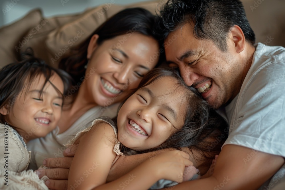 people and family concept - happy smiling girl with mother hugging on sofa at home. Beautiful simple AI generated image in 4K, unique. people and family concept - happy smiling girl with mother hugging on sofa at home. Beautiful simple AI generated image in 4K, unique.