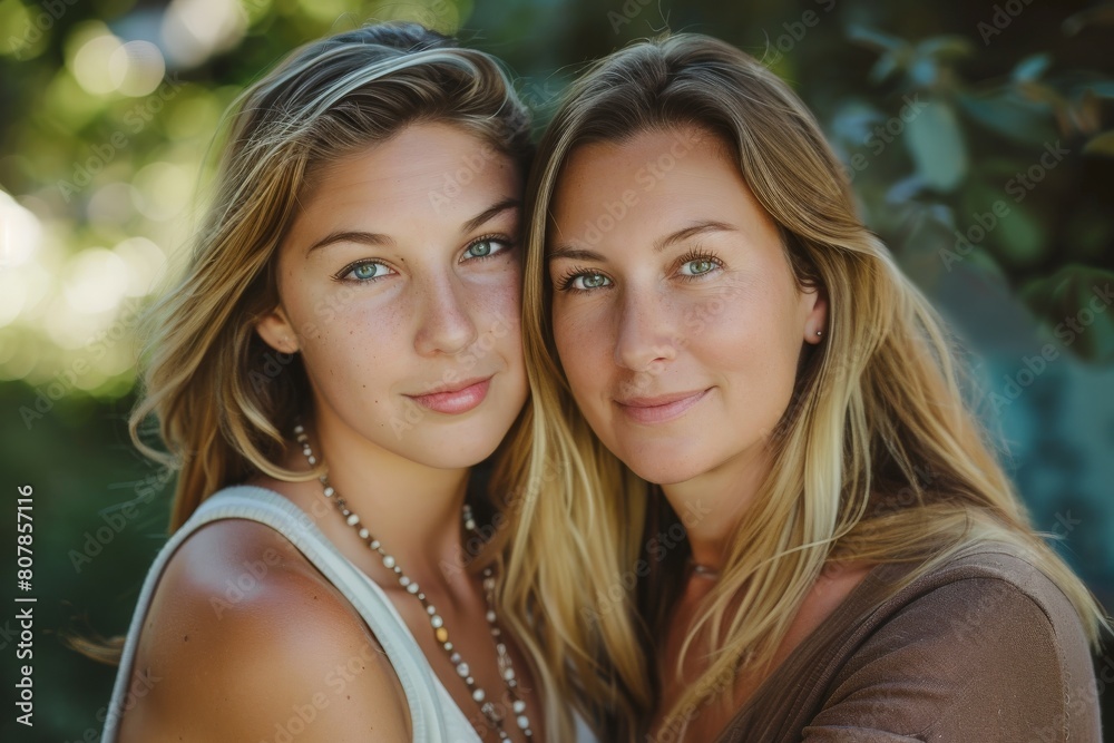 Obraz premium people and family concept - happy smiling girl with mother hugging on sofa at home. Beautiful simple AI generated image in 4K, unique.