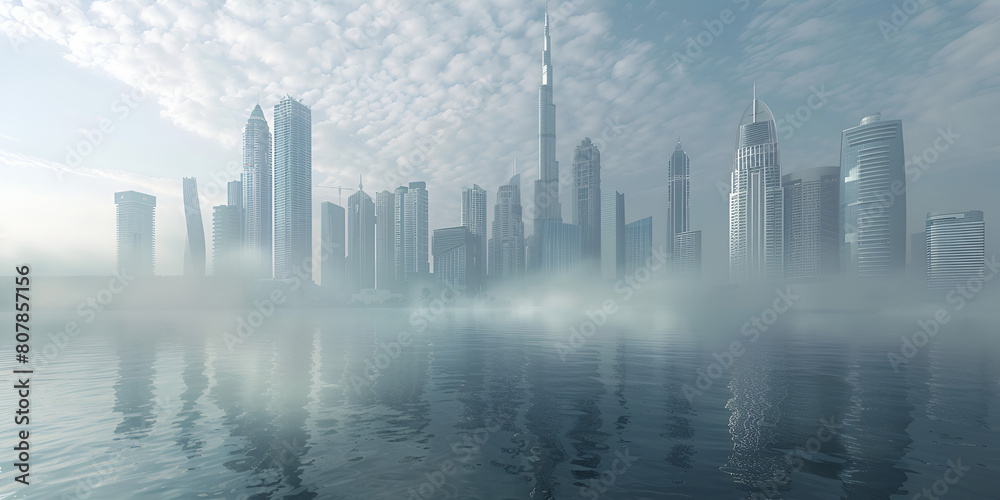 Aerial view of Dubai United Arab Emirates foggy morning sunrise Generative Ai
