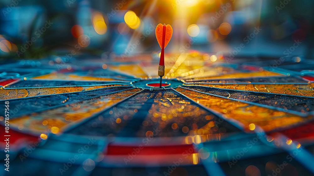 A dart board with an arrow in the center. A dart board with an arrow in the center.