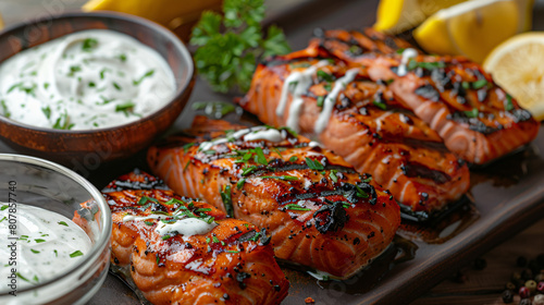 Salmon grill slices with creamy sauces lemon background