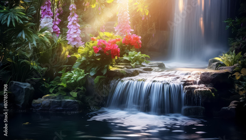 Spring waterfall with flowers beautiful landscape