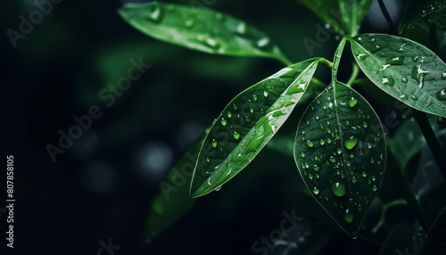 Raindrops on tea leaves on dark background