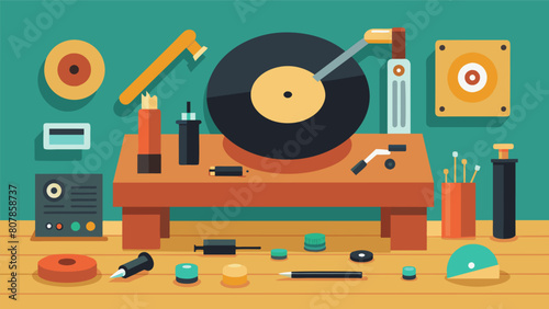 Tools screws and small pieces tered atop a wooden workbench as the record player slowly starts to take shape. Vector illustration