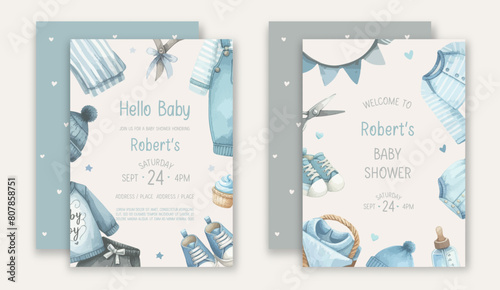 Cute baby shower watercolor invitation card for baby and kids new born celebration with baby clothes.