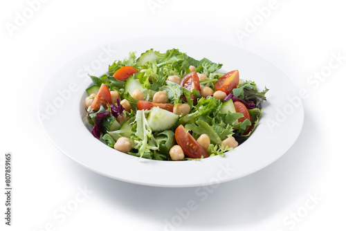 Healthy chickpea salad with tomato,lettuce and cucumber isolated on white background