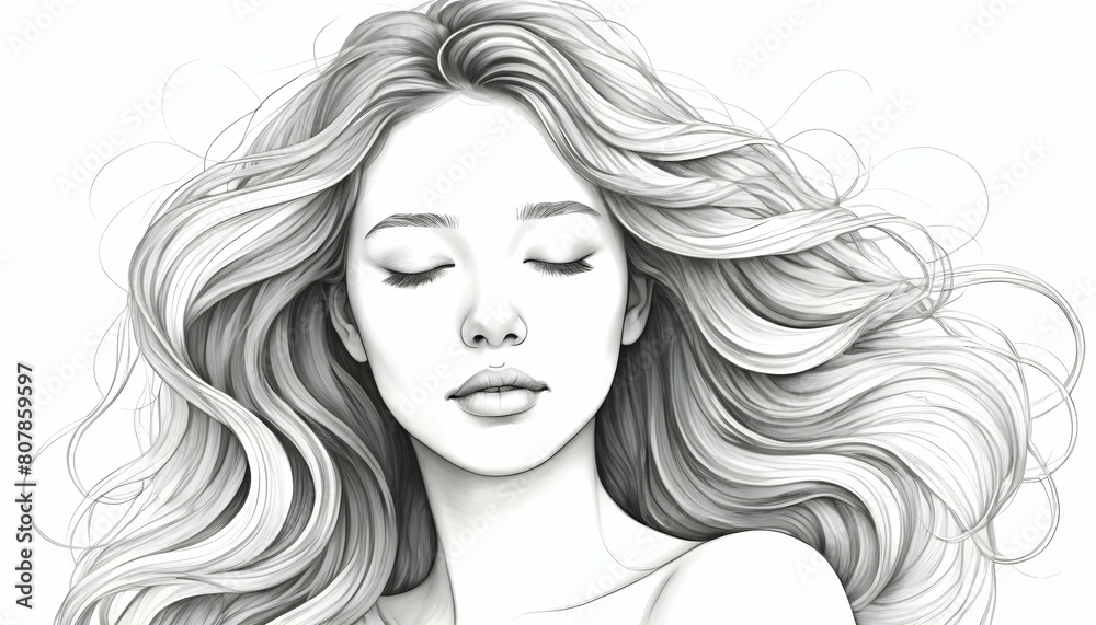 Create a line art drawing of a girls face with fl