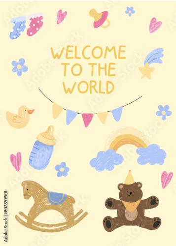 Baby shower card, vector, watercolor. Beautiful colorful card with newborn baby elements and toys. Welcome to the world quote.  